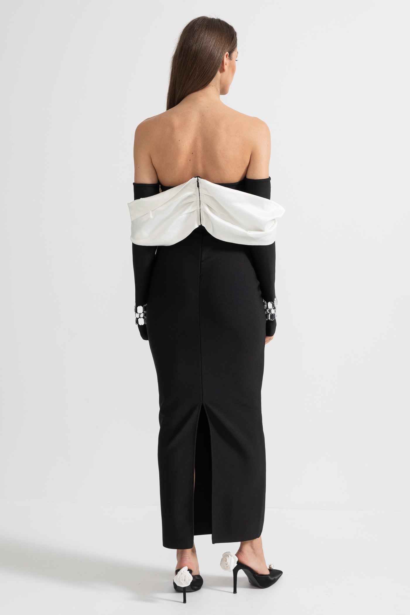 Elegant Off Shoulder Dress With Contrasting Bustier And Sparkling Embellishments - Black
