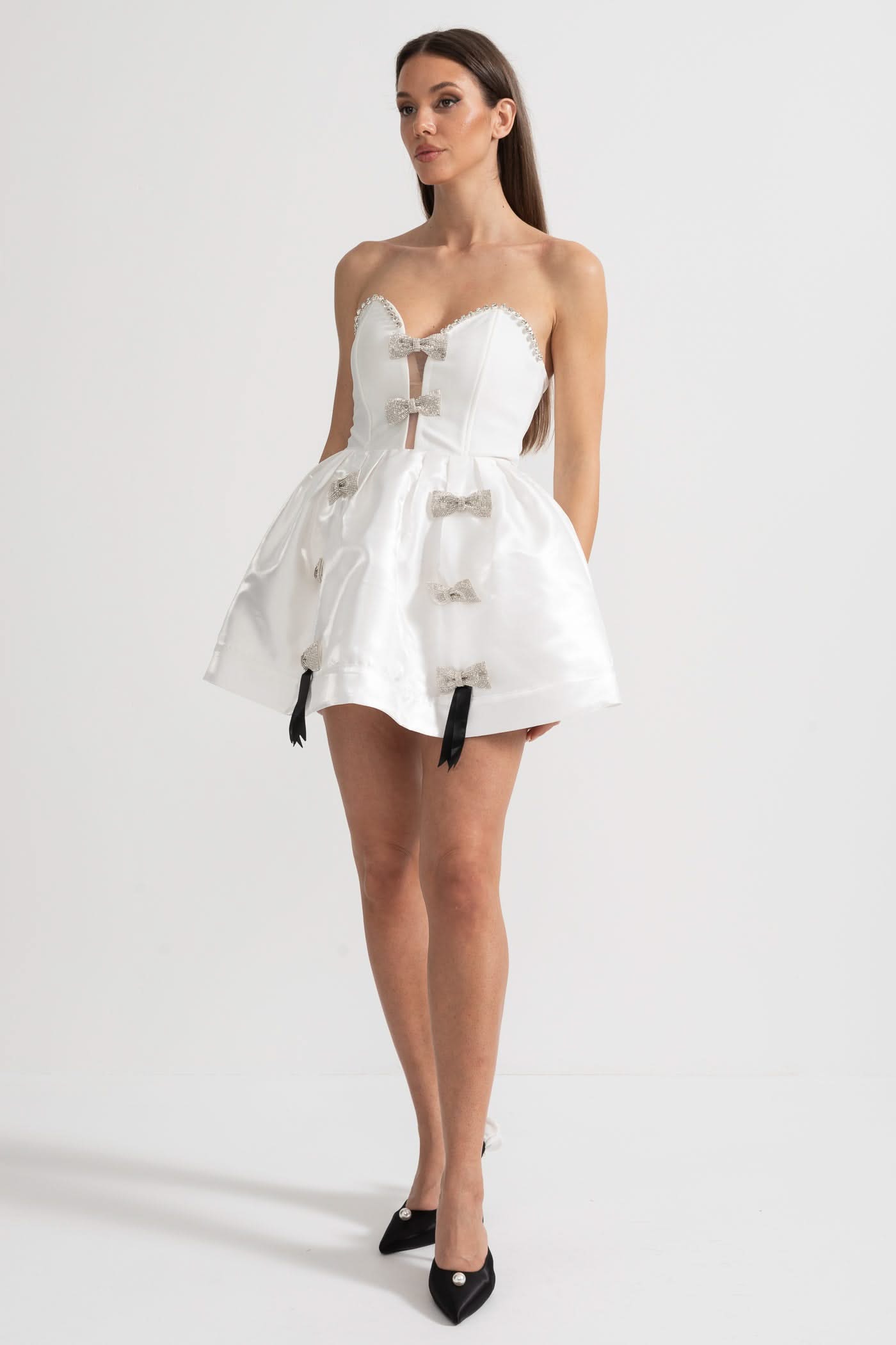 Strapless Mini Dress with Crystal Bow Embellishments - White