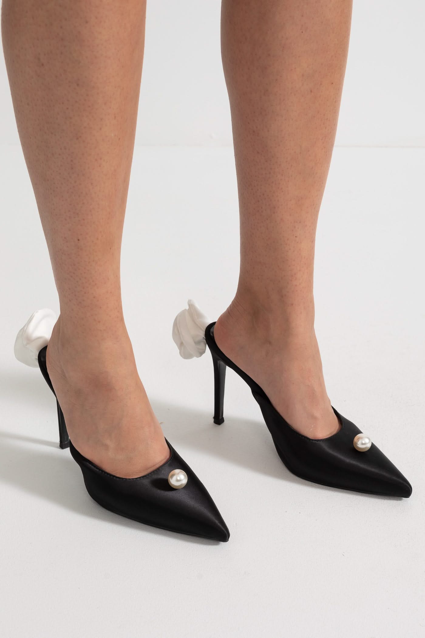 Satin Slingback Heels with Pearl and Organza Flower Detail - Black