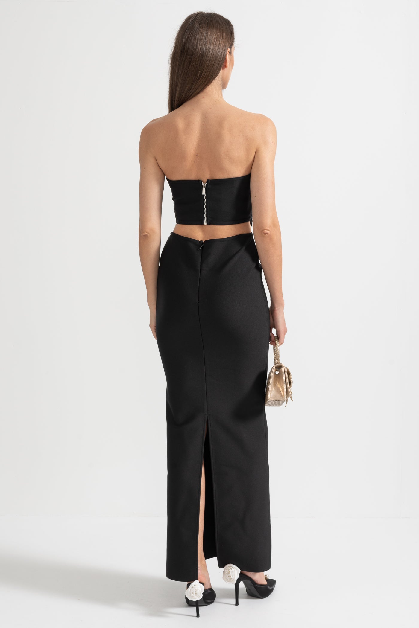 Sequin Bustier and Maxi Skirt Co-Ord Set with Side Cut-Outs - Black
