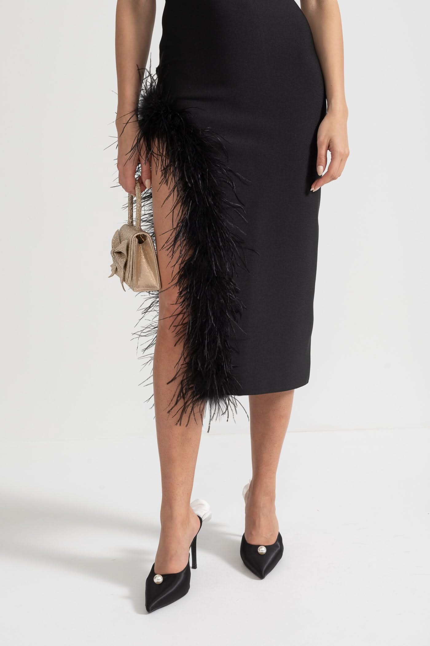 Strapless Feather-Trimmed Dress With Fitted Bodice And Asymmetrical Hemline - Black