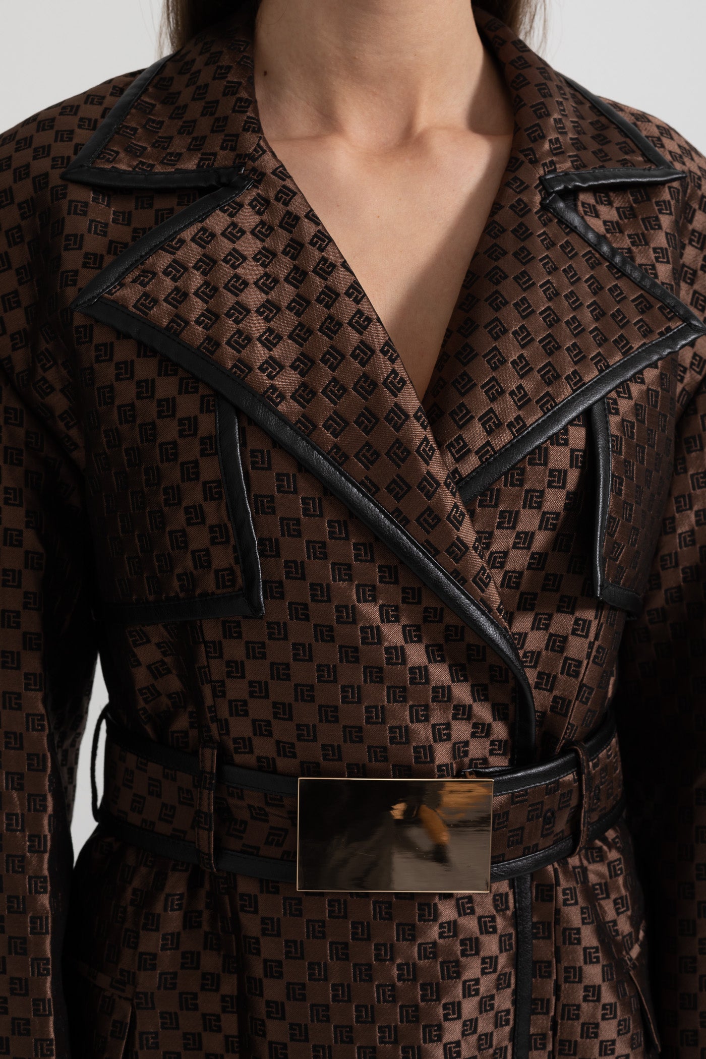 Wide Lapel Trench Coat With Gold Buckle Waist Belt - Brown