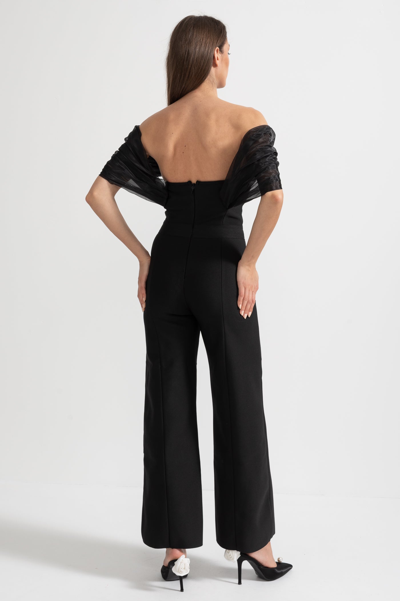 Off-Shoulder Jumpsuit with Draped Sheer Detailing - Black