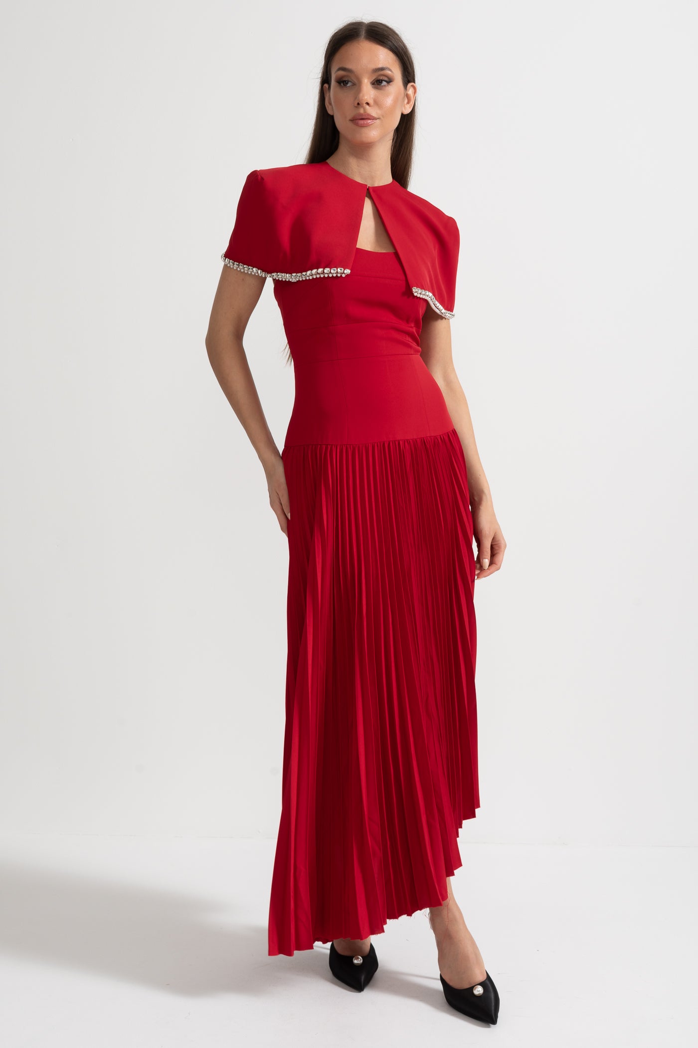 Pleated Midi Dress with Detachable Embellished Shoulder Cape - Red