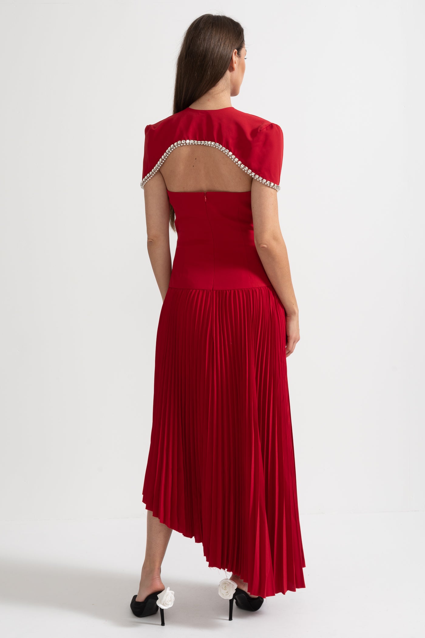 Pleated Midi Dress with Detachable Embellished Shoulder Cape - Red