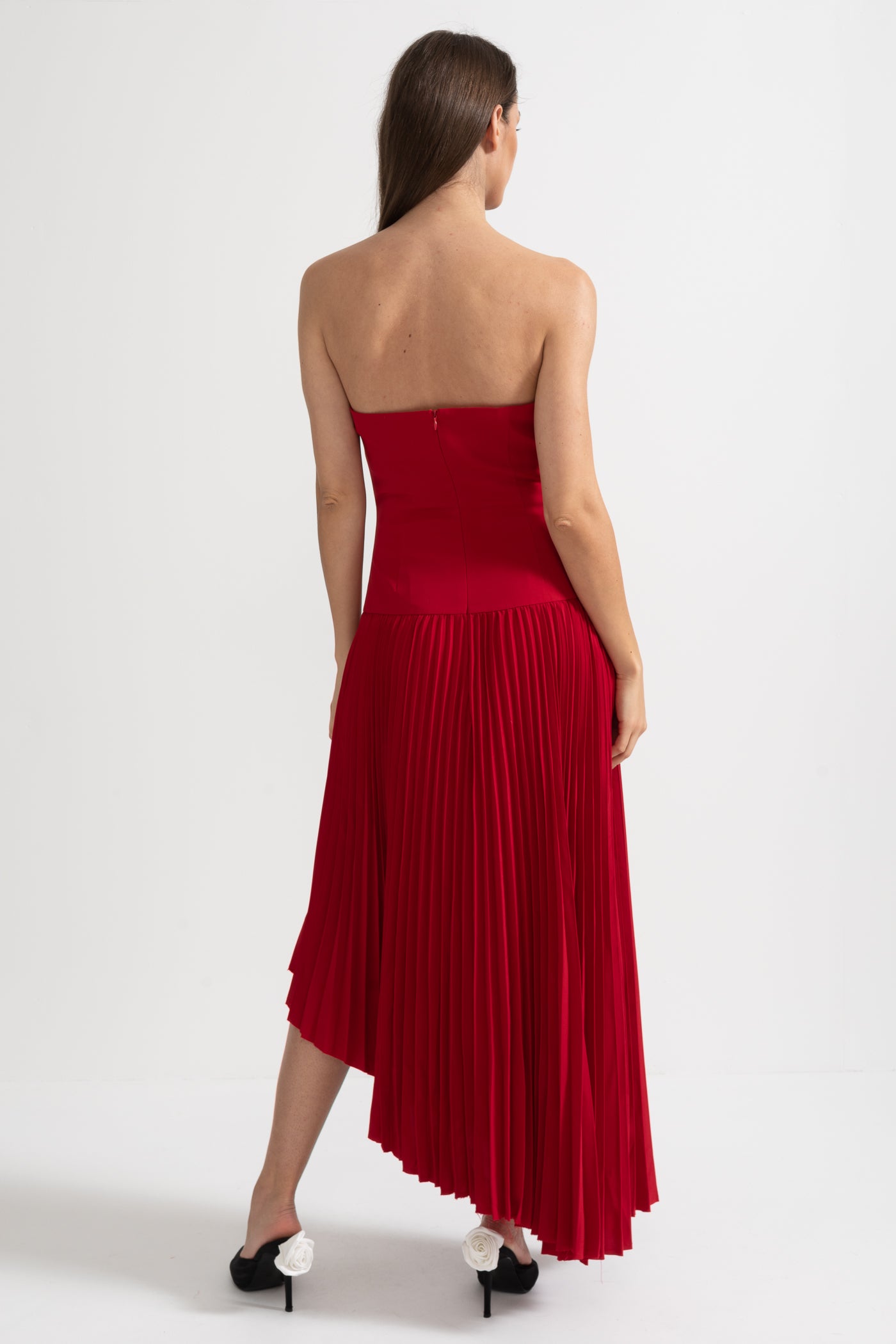 Pleated Midi Dress with Detachable Embellished Shoulder Cape - Red