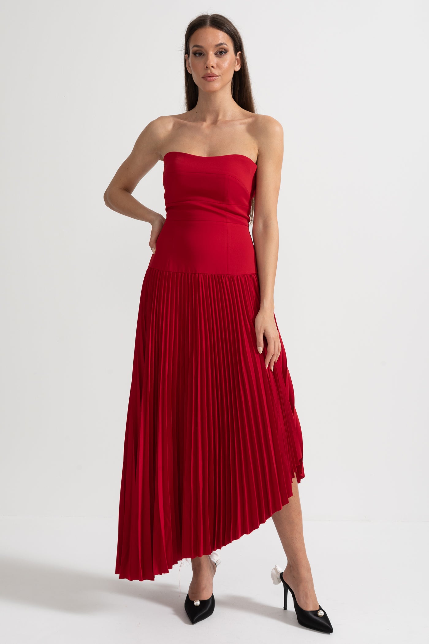 Pleated Midi Dress with Detachable Embellished Shoulder Cape - Red