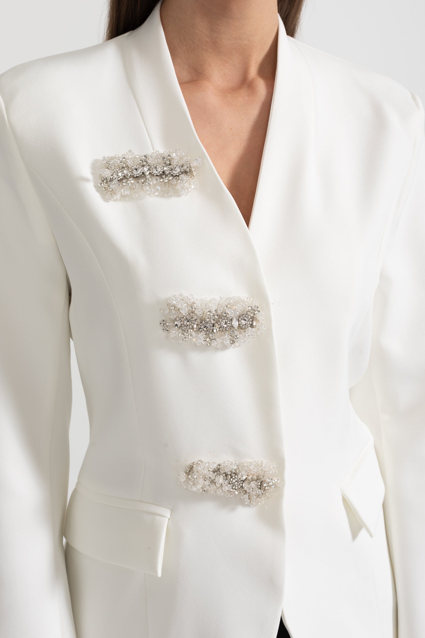 Tailored Blazer With Structured Shoulders And Silver Floral Clasps - White