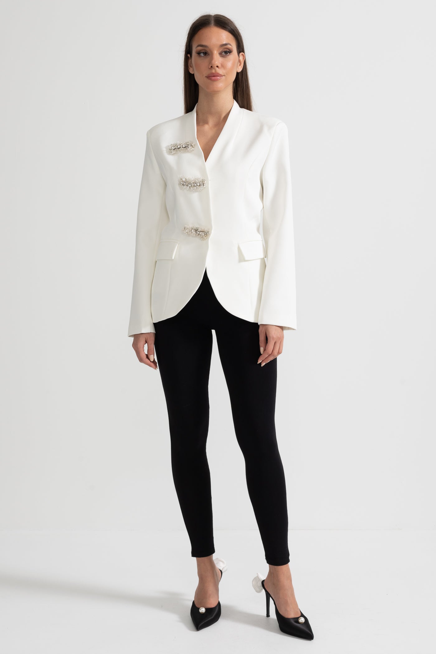 Tailored Blazer With Structured Shoulders And Silver Floral Clasps - White