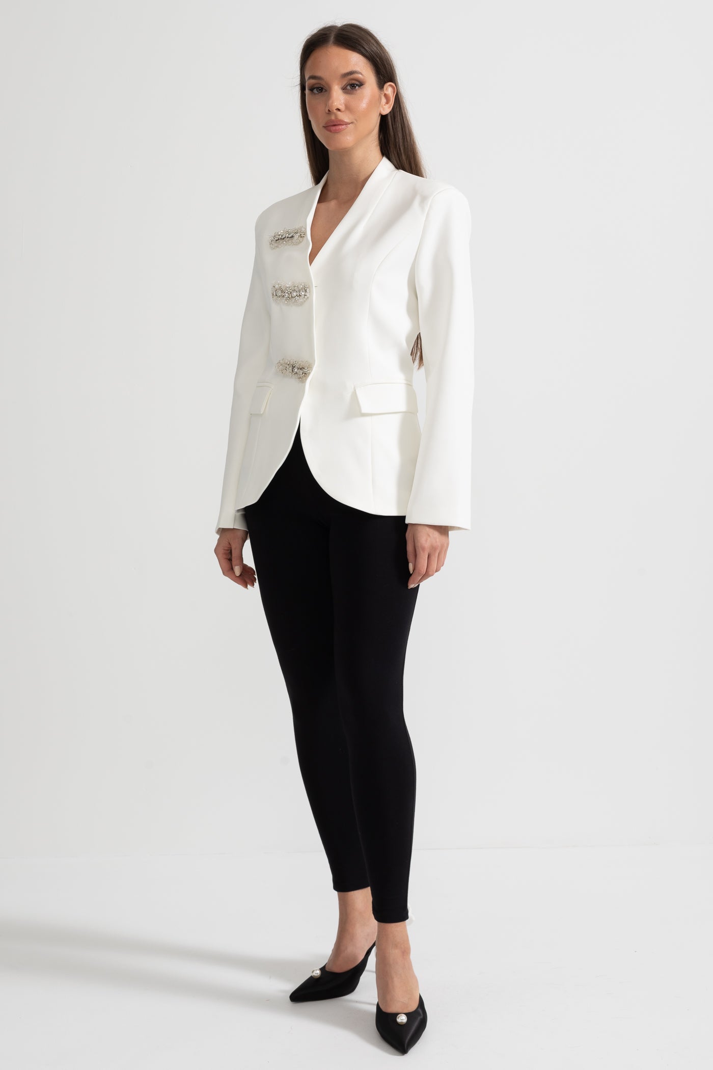 Tailored Blazer With Structured Shoulders And Silver Floral Clasps - White