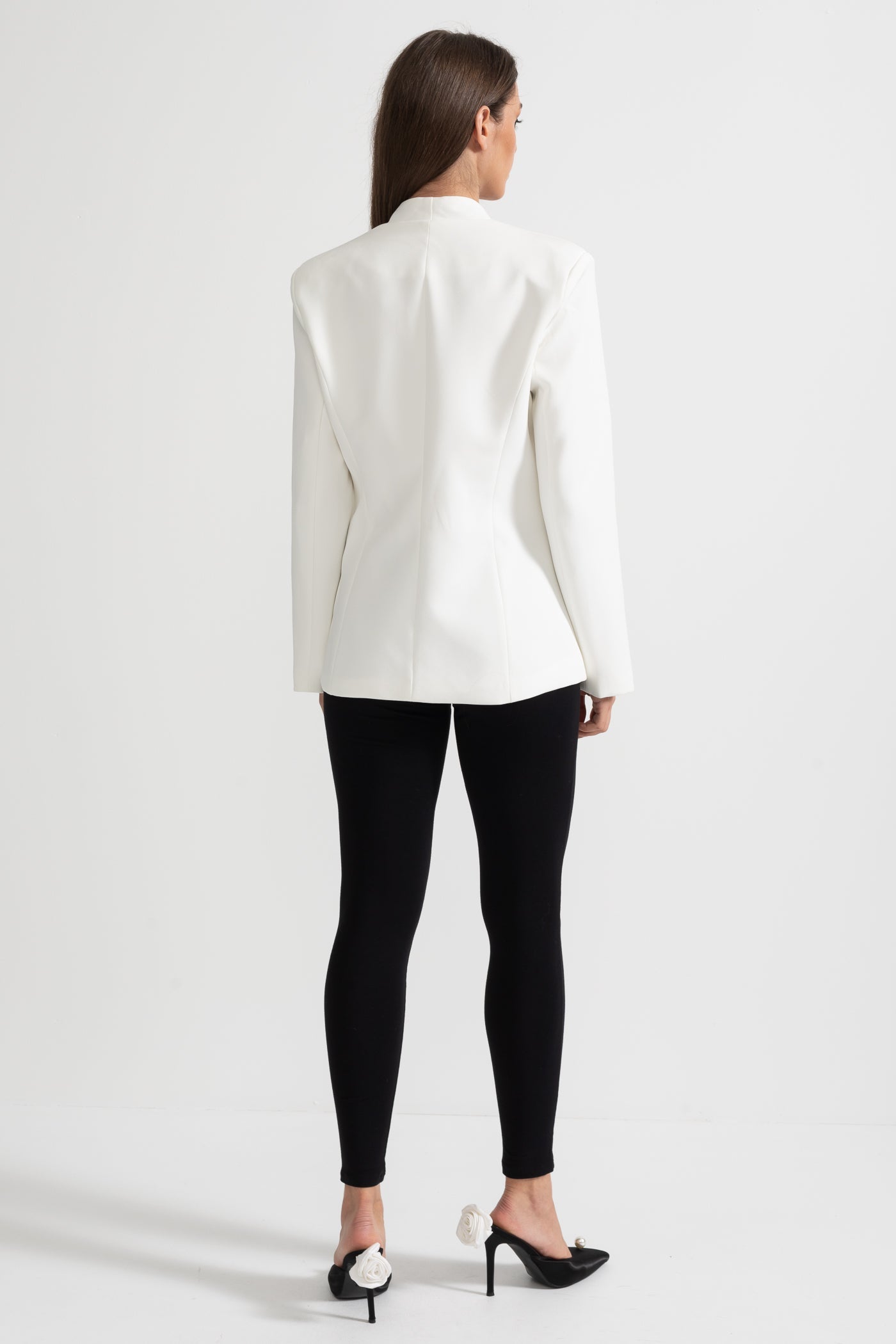 Tailored Blazer With Structured Shoulders And Silver Floral Clasps - White