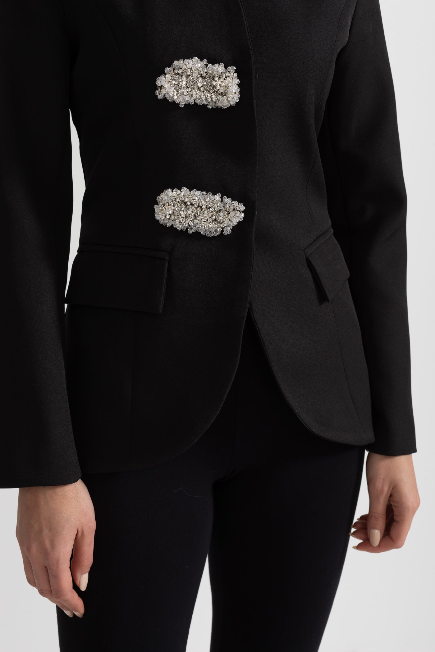 Tailored Blazer With Structured Shoulders And Silver Floral Clasps - Black