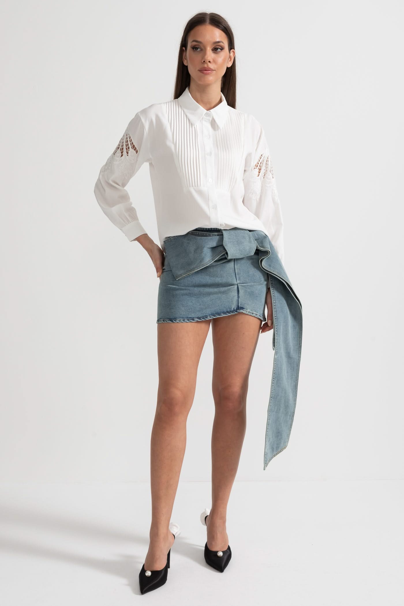 Long-Sleeve Shirt With Pleated Front And Lace Sleeve Inserts - White