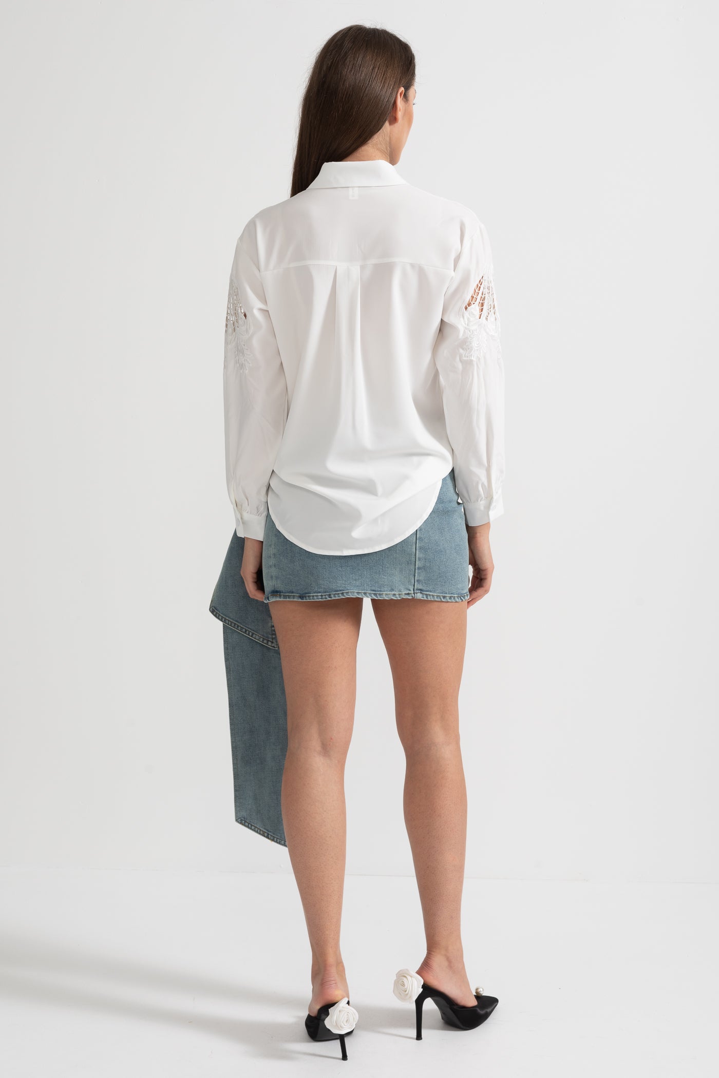 Long-Sleeve Shirt With Pleated Front And Lace Sleeve Inserts - White