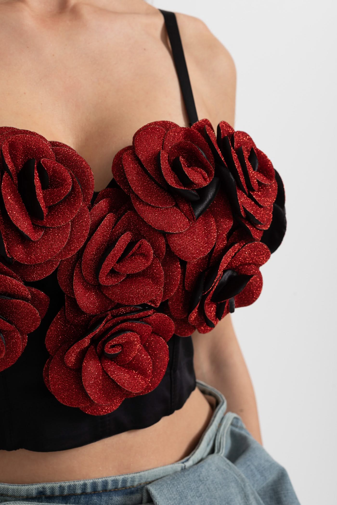 Corset Top with Red 3D Rose Appliqués - Black