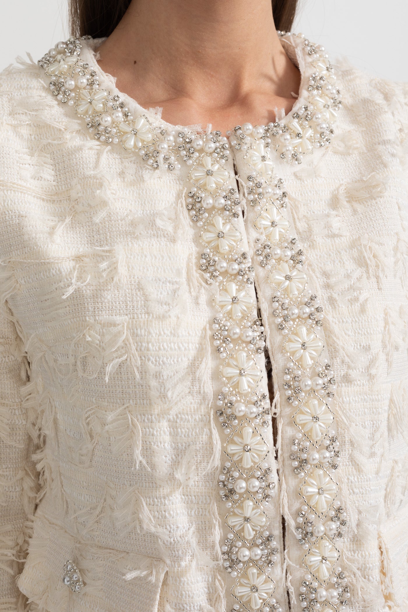 Textured Jacket Top with Pearl and Crystal Embellishments - Ivoire