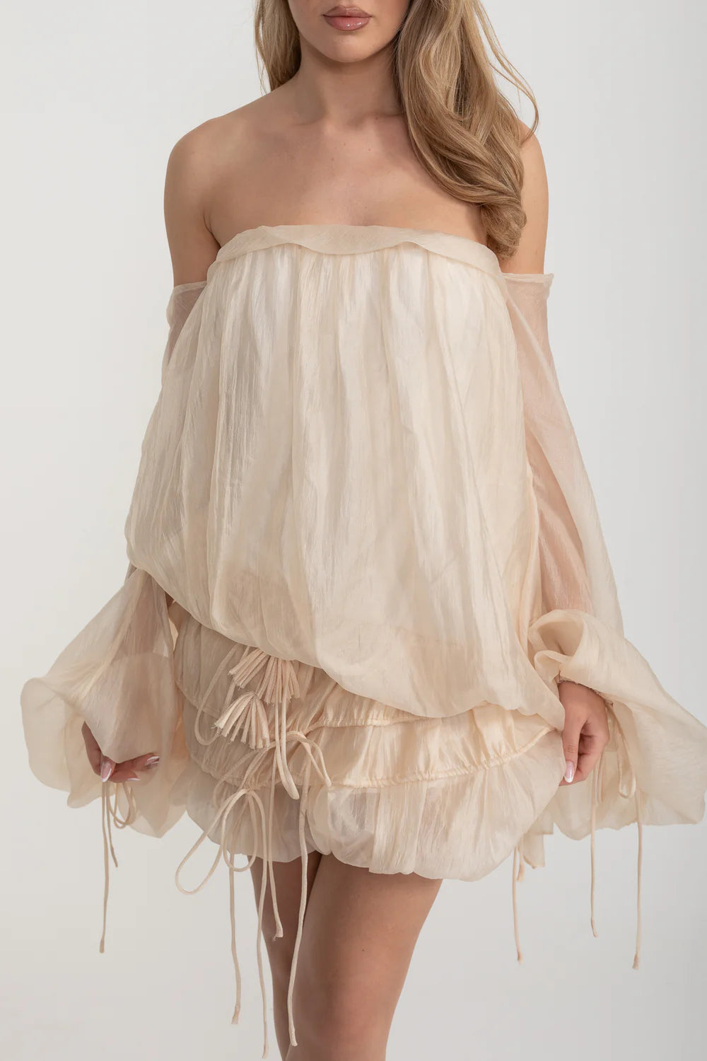 Sleeveless Draped Mini Dress With Ruffled Skirt - Ivoire