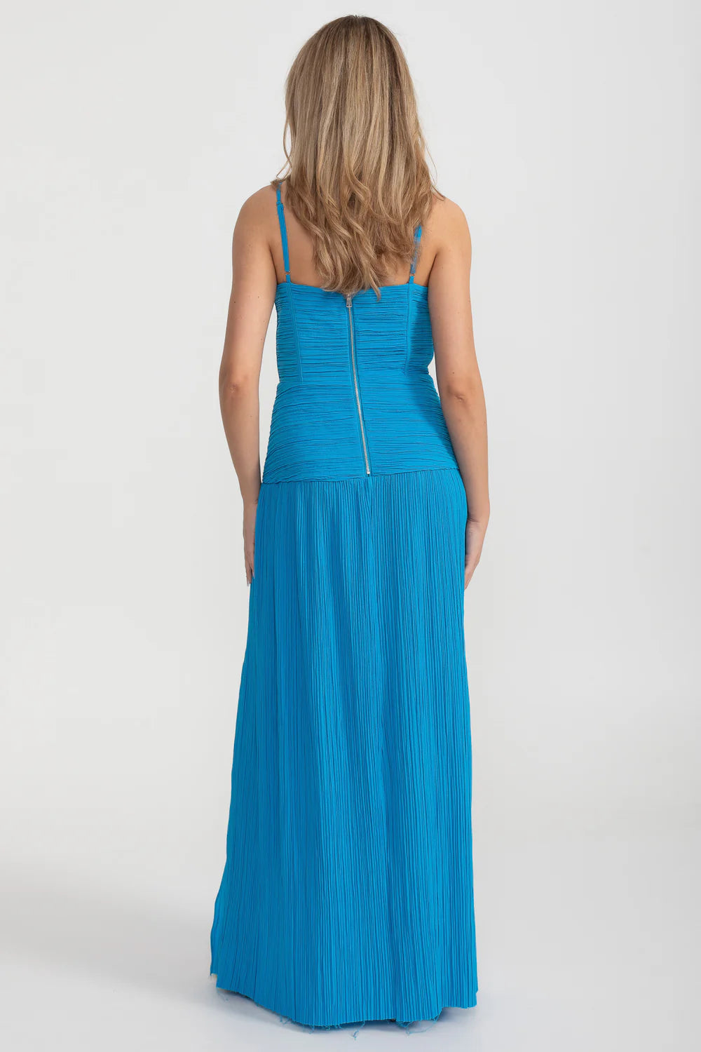 Elegant Dress With Ruched Fitted Bodice And Straight Skirt With Side Slit - Blue