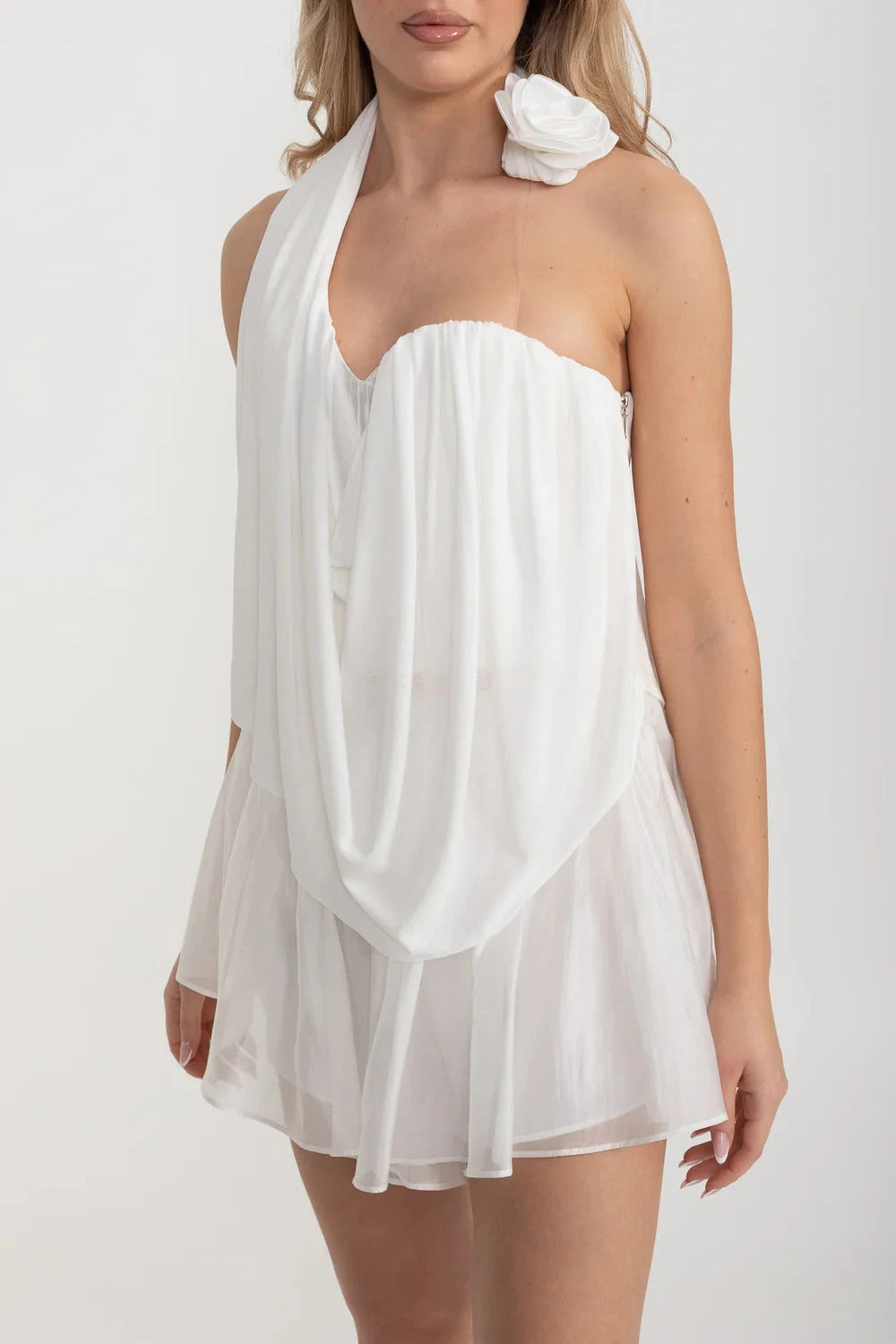 Draped Co-Ord With Flower-Embellished Top And Matching Sheer Skirt - White