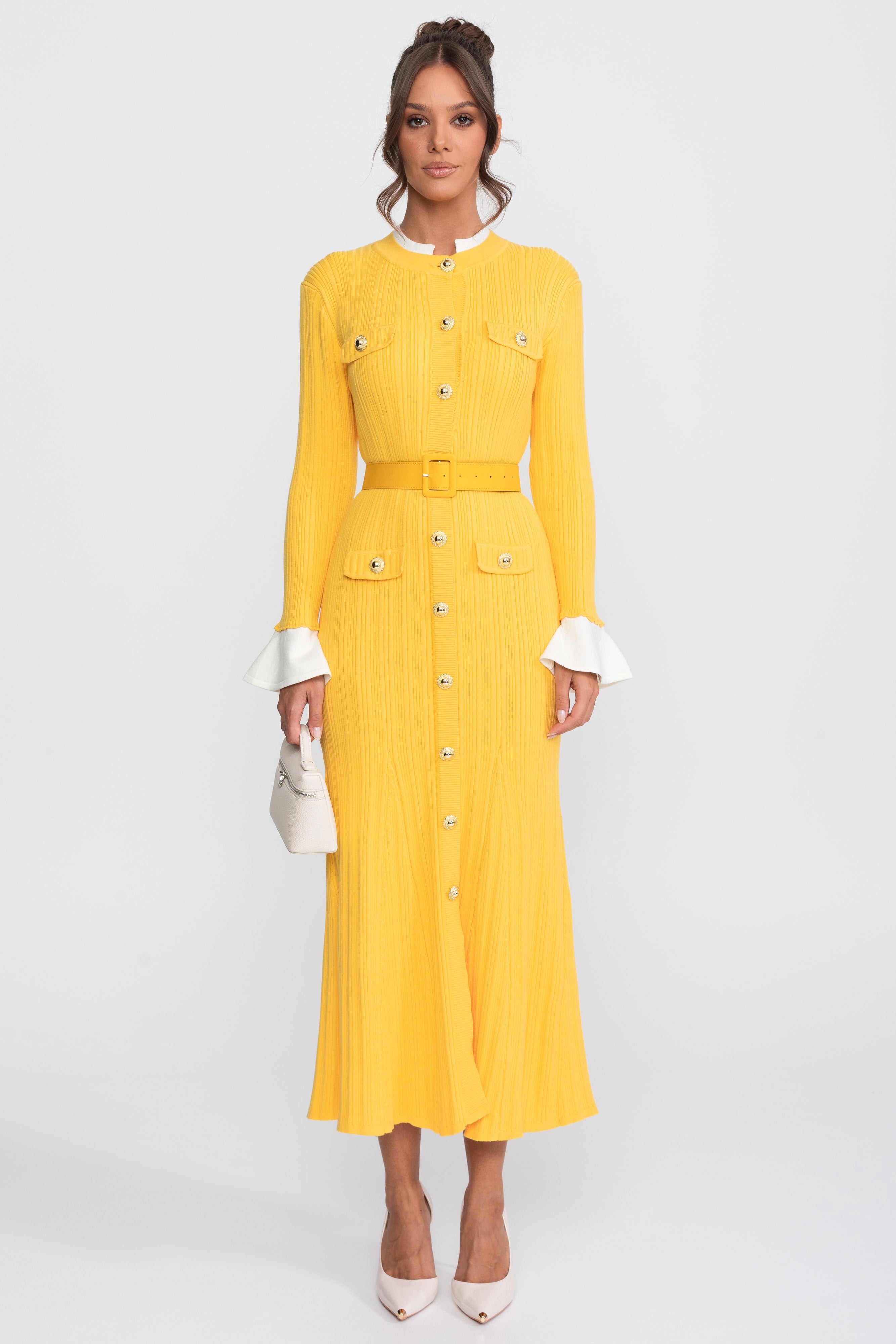 Ribbed Knit Belted Midi Dress With White Cuffs And Collar - Yellow