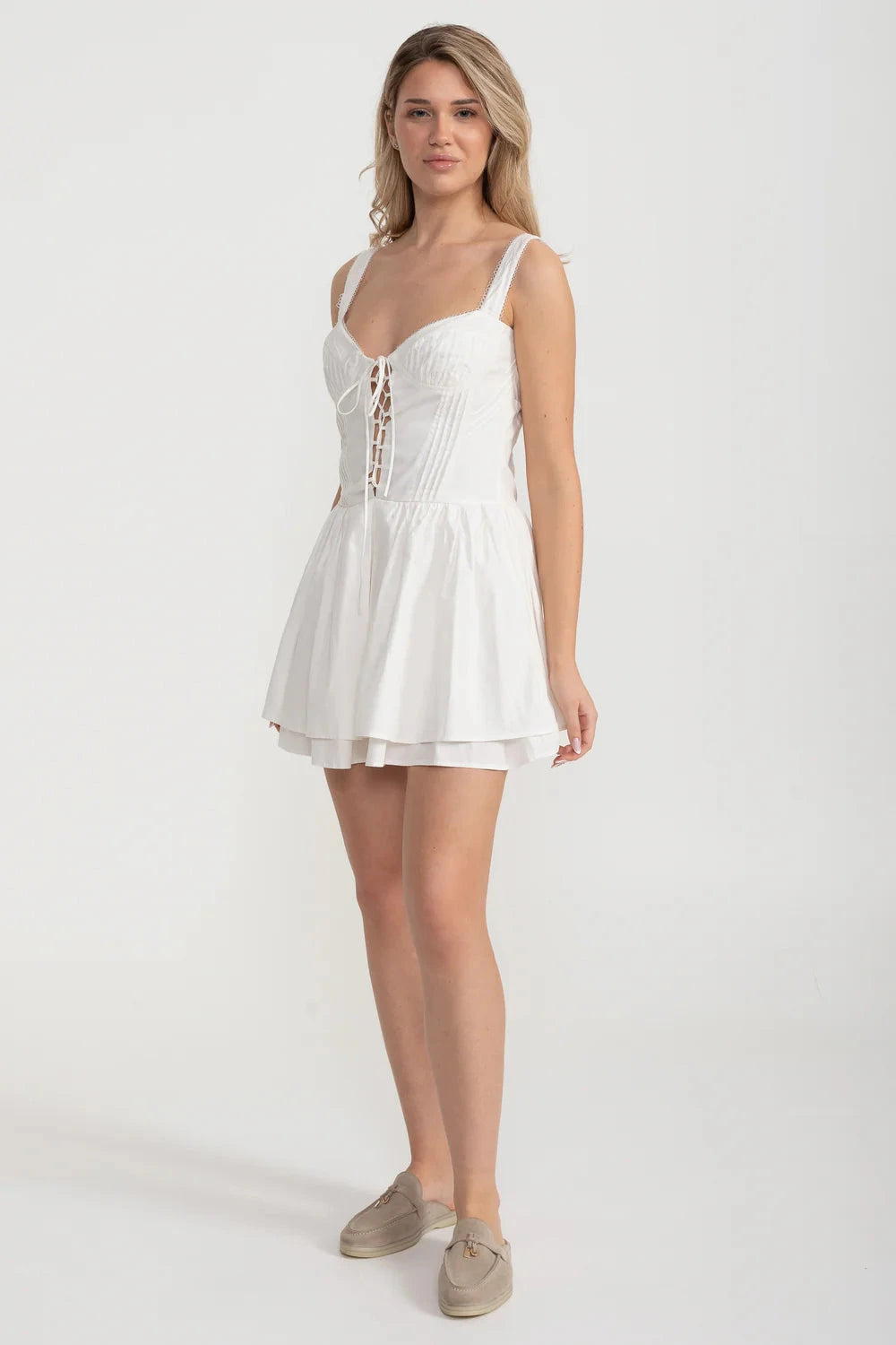 Corset Style Sleeveless Dress With Lace-Up Front Detailing - White