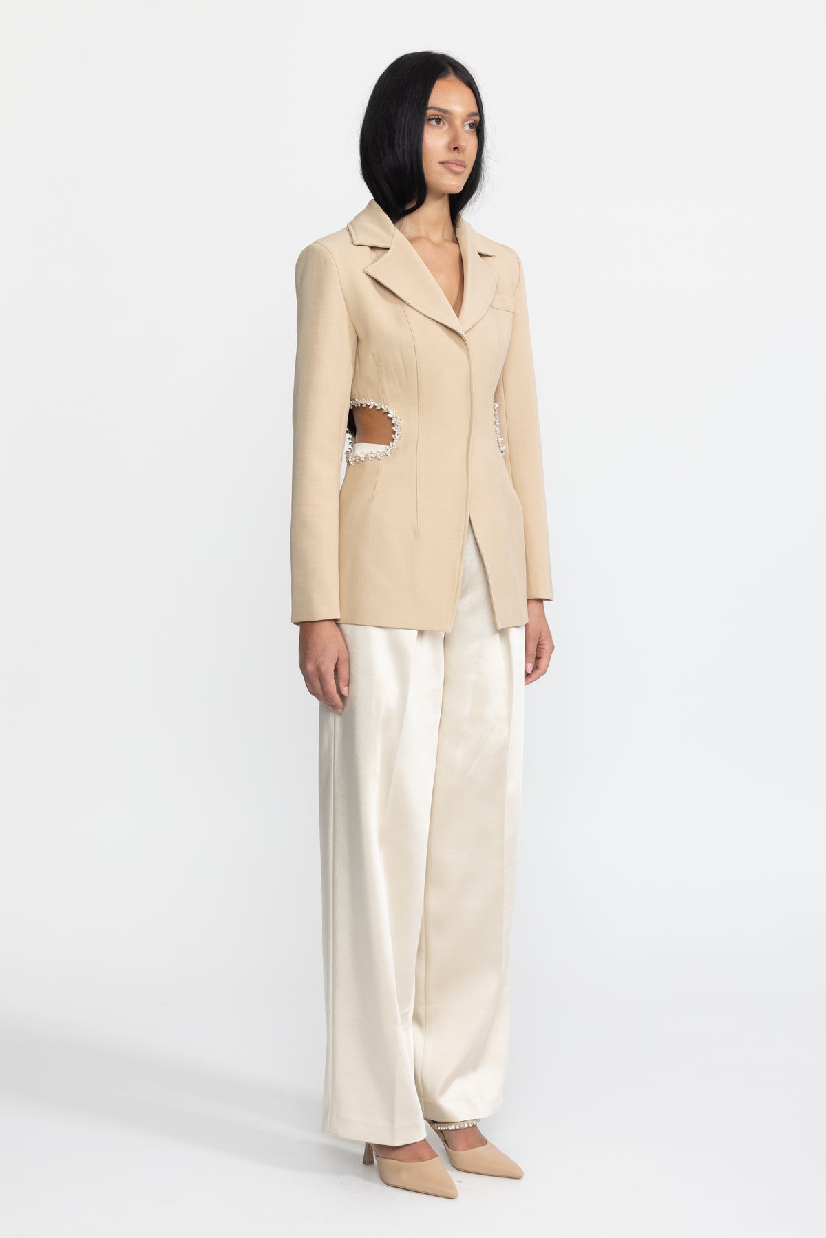 Crystal Trim Cutout Waist Tailored Blazer - Beige
