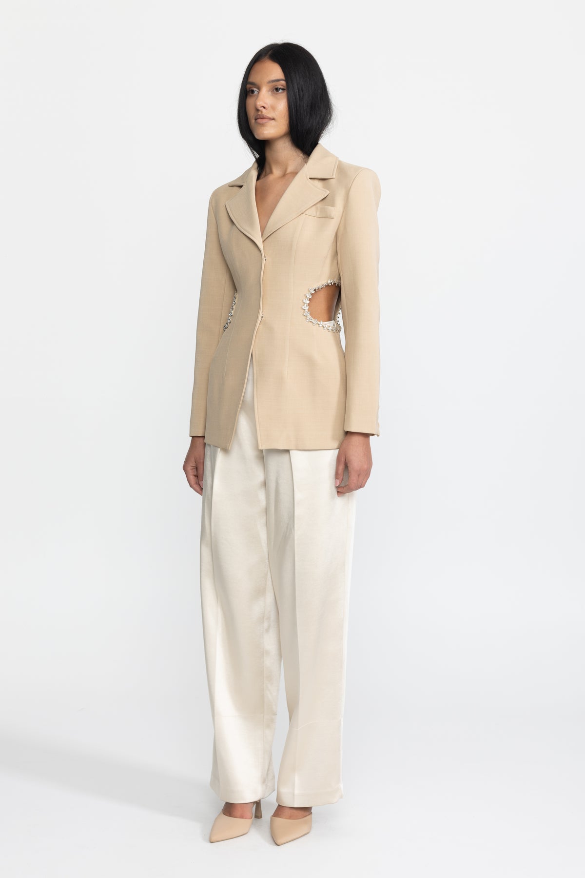 Crystal Trim Cutout Waist Tailored Blazer - Beige