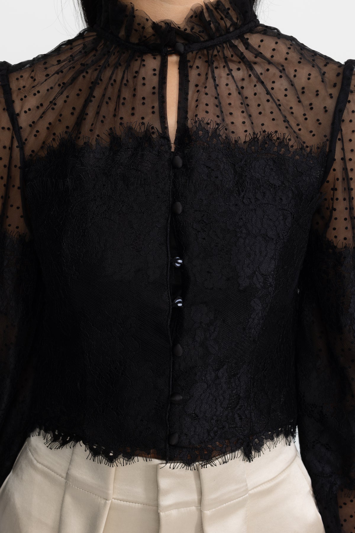 Ruffle Neck Lace and Dot Mesh Cropped Blouse - Black
