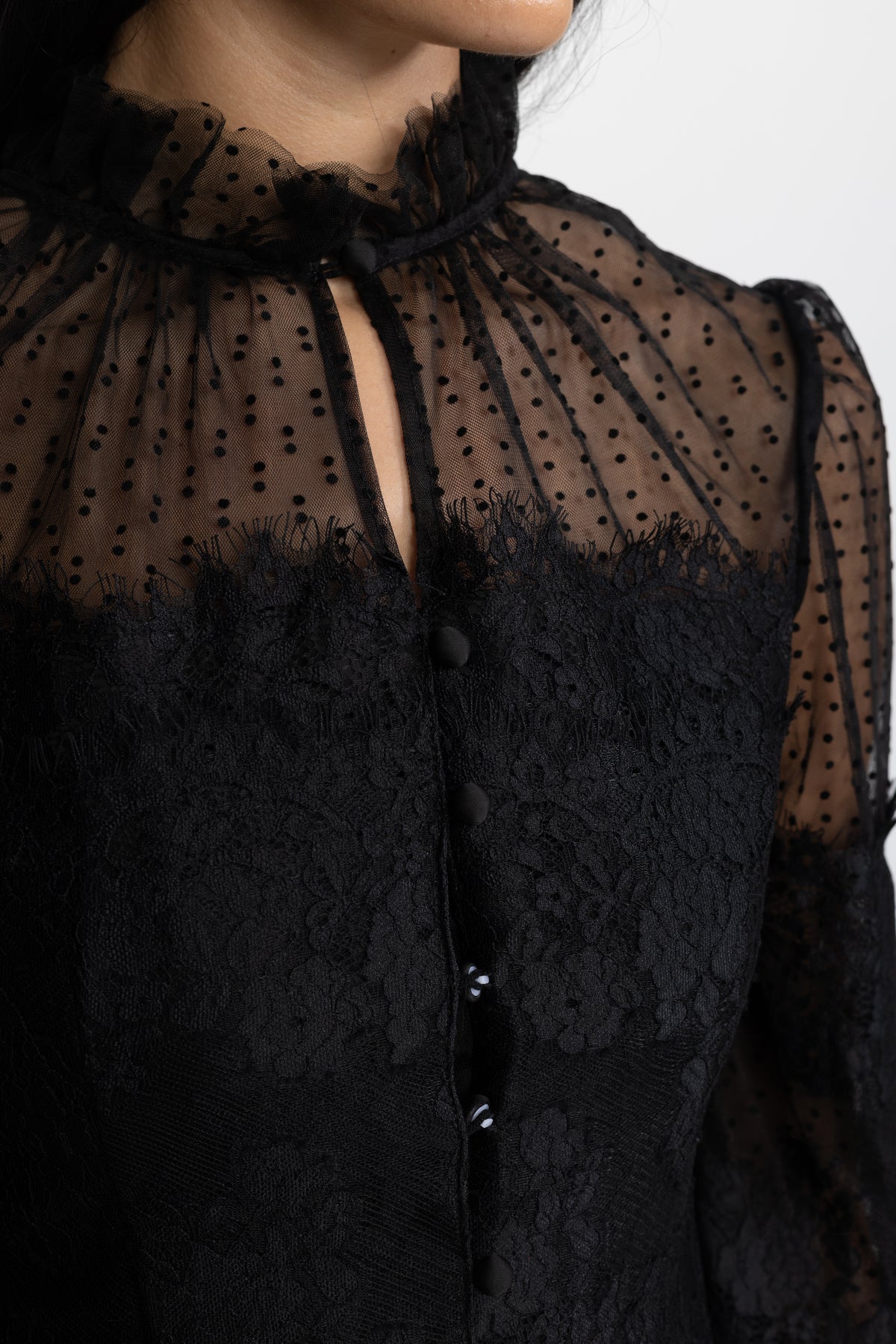 Ruffle Neck Lace and Dot Mesh Cropped Blouse - Black