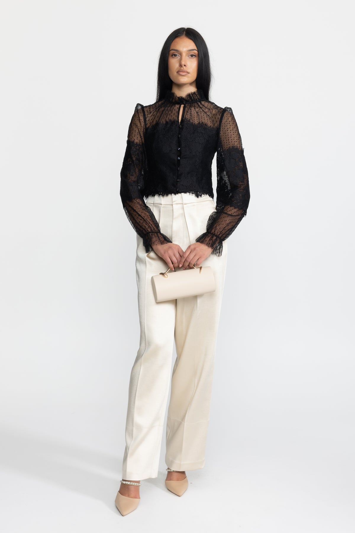 Ruffle Neck Lace and Dot Mesh Cropped Blouse - Black