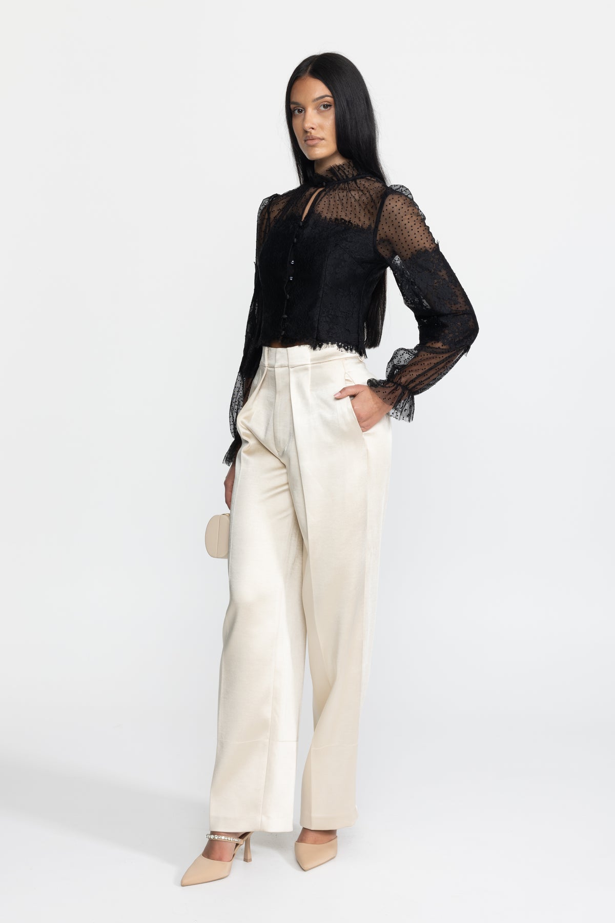 Ruffle Neck Lace and Dot Mesh Cropped Blouse - Black