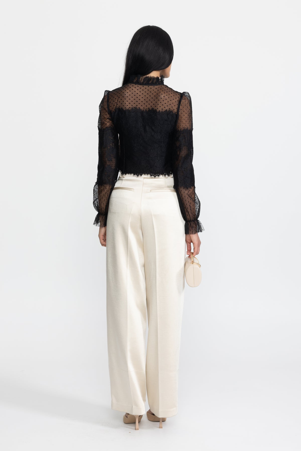 Ruffle Neck Lace and Dot Mesh Cropped Blouse - Black