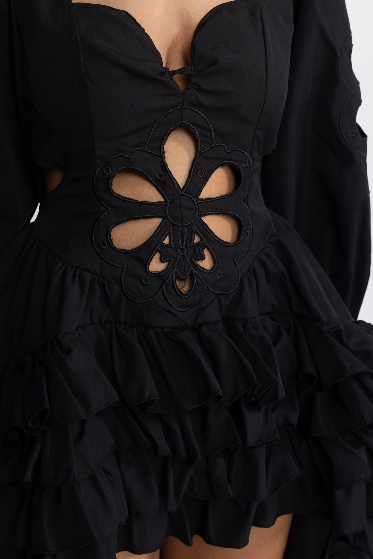 Embroidered Cutout Puff Sleeve High-Low Ruffle Gown - Black