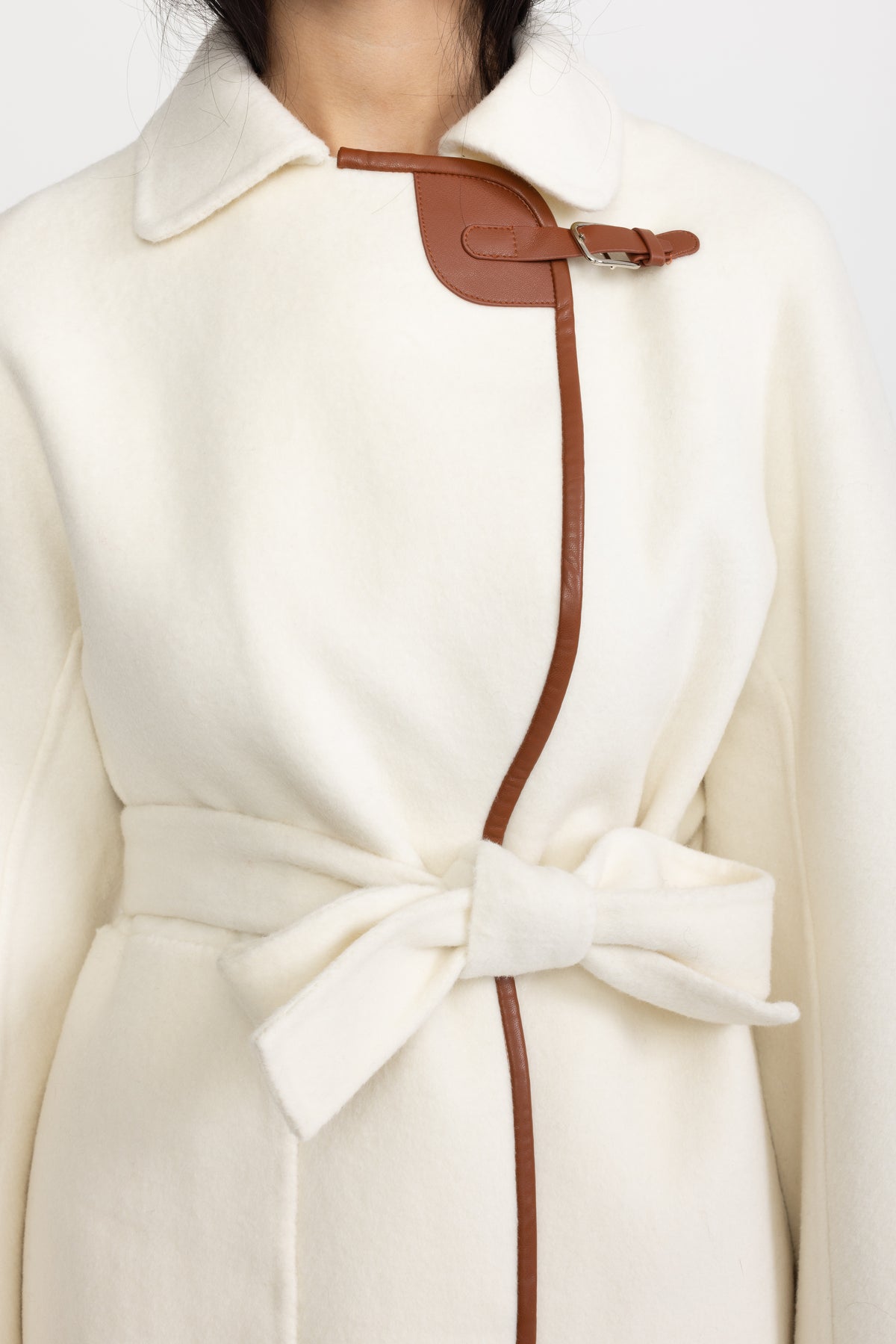 Faux Leather Trim Belted Wool Jacket - Off-White