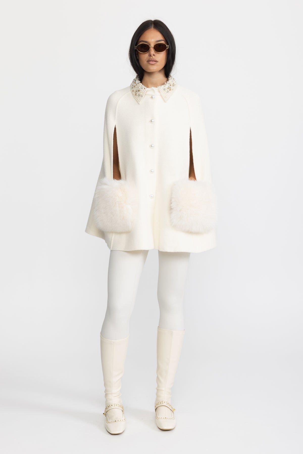 Pearl Embellished Collar Cape with Faux Fur Pockets - Ivoire
