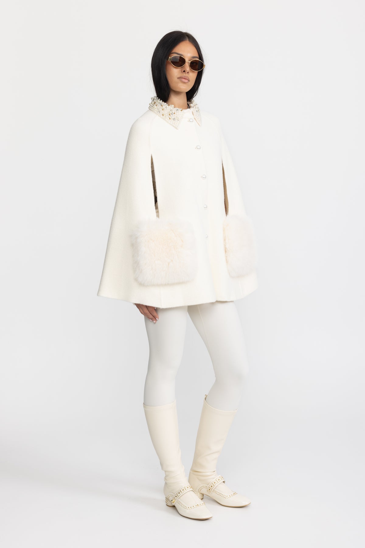 Pearl Embellished Collar Cape with Faux Fur Pockets - Ivoire