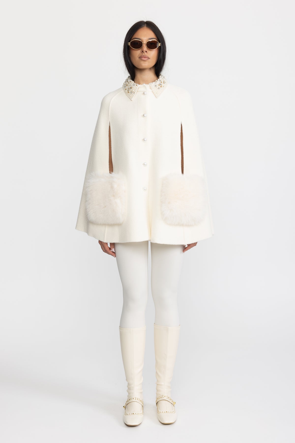 Pearl Embellished Collar Cape with Faux Fur Pockets - Ivoire