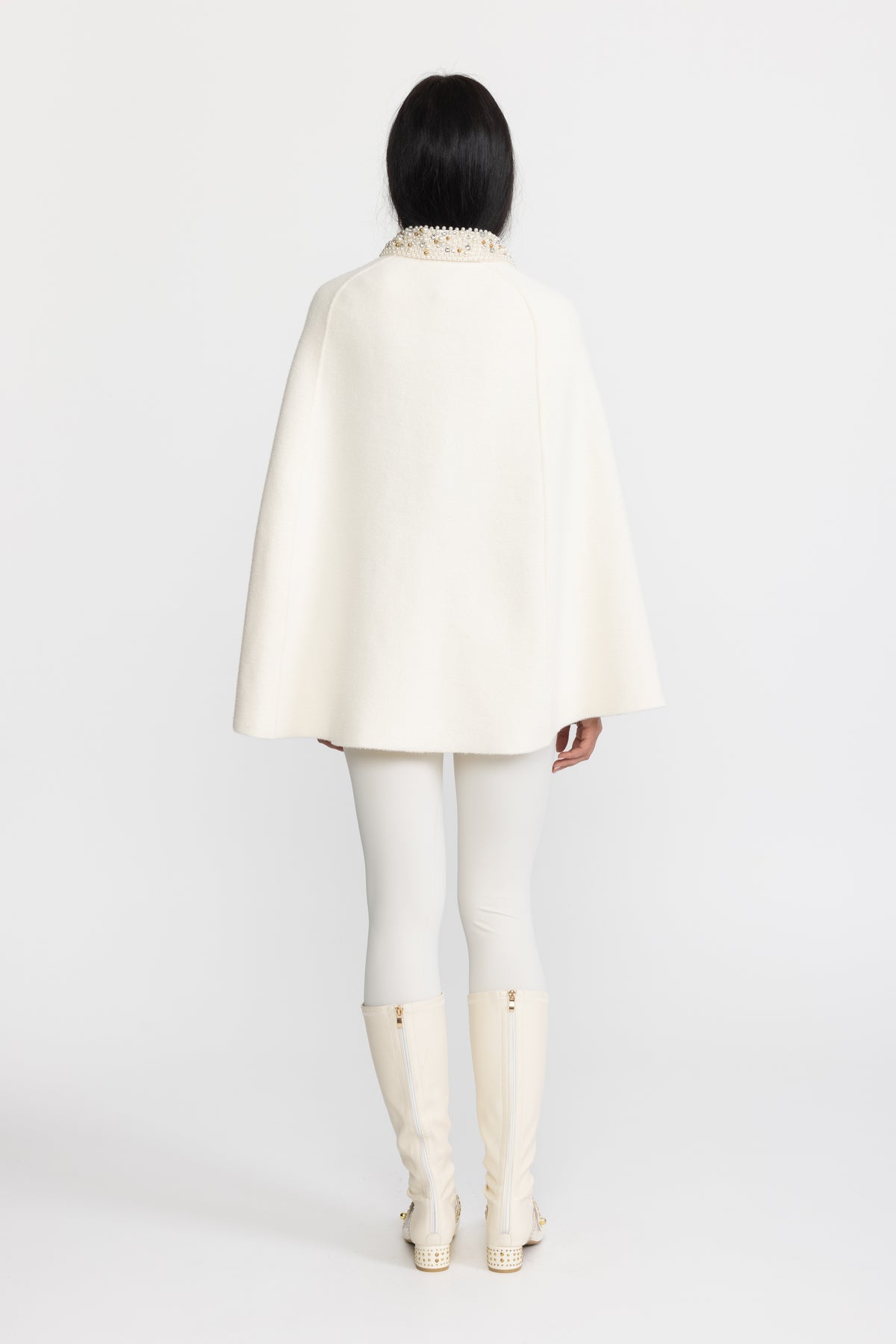 Pearl Embellished Collar Cape with Faux Fur Pockets - Ivoire