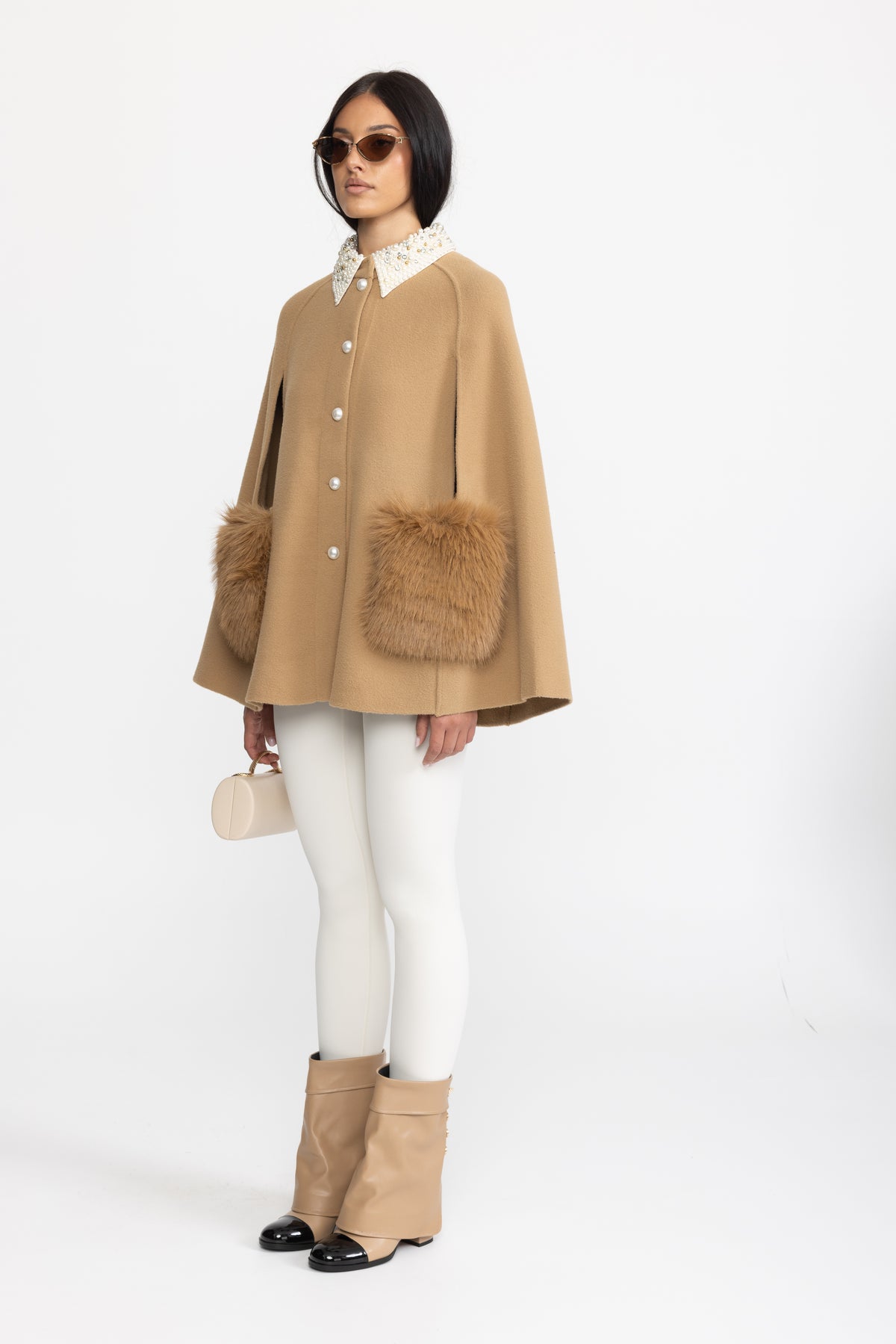 Pearl Embellished Collar Cape with Faux Fur Pockets - Camel