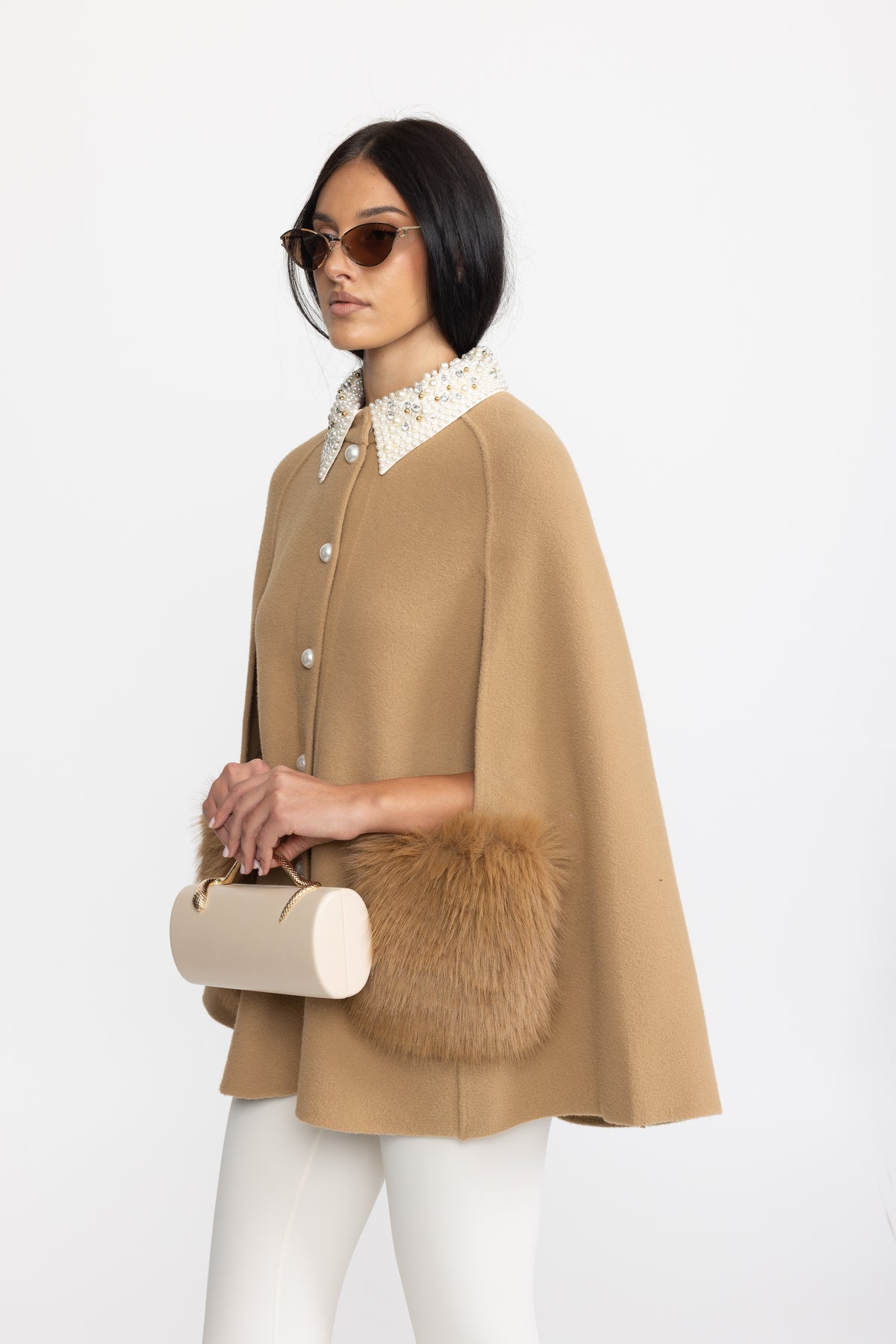Pearl Embellished Collar Cape with Faux Fur Pockets - Camel