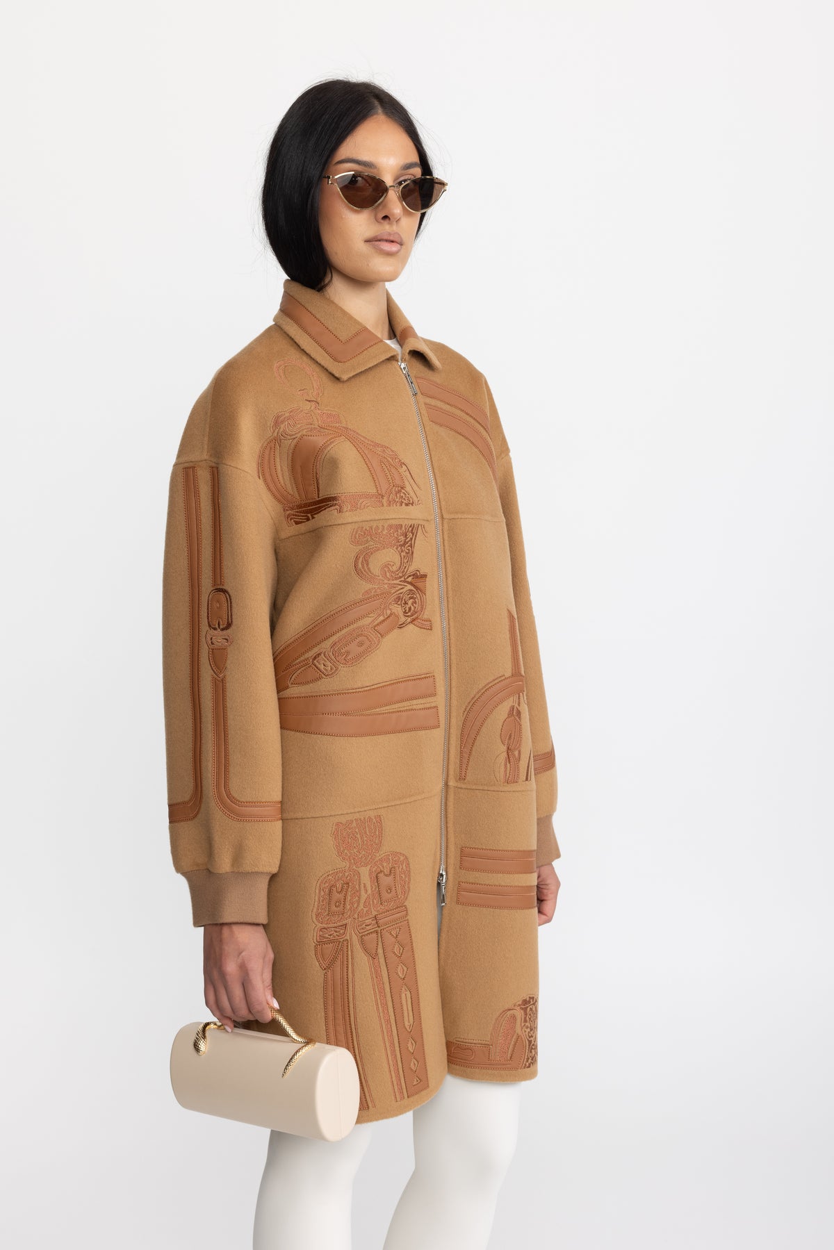 Equestrian Applique Embroidered Wool Zip Coat - Camel