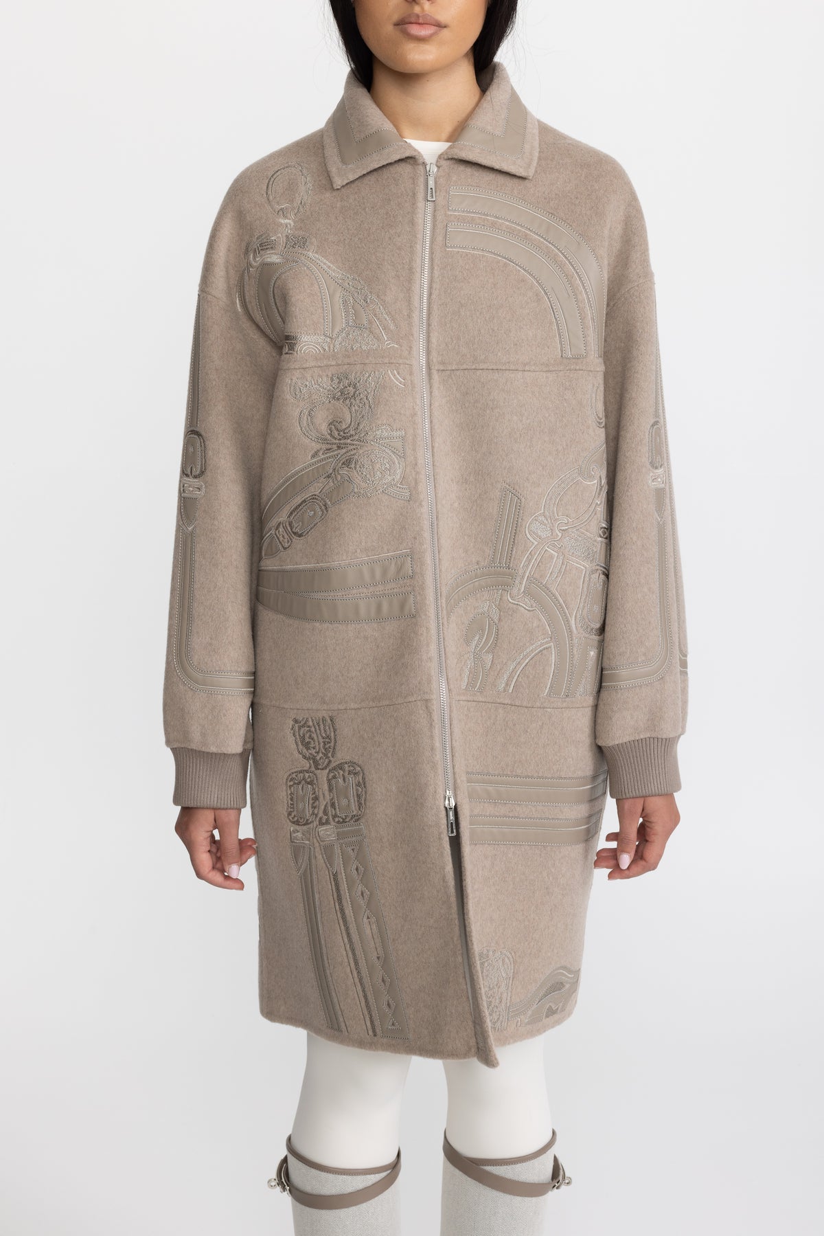 Equestrian Applique Embroidered Wool Zip Coat - Taupe