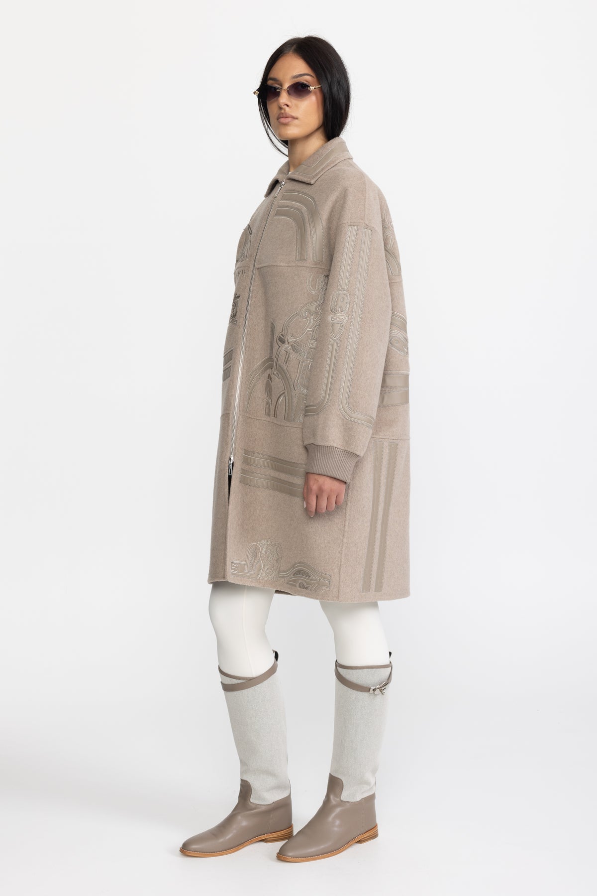 Equestrian Applique Embroidered Wool Zip Coat - Taupe
