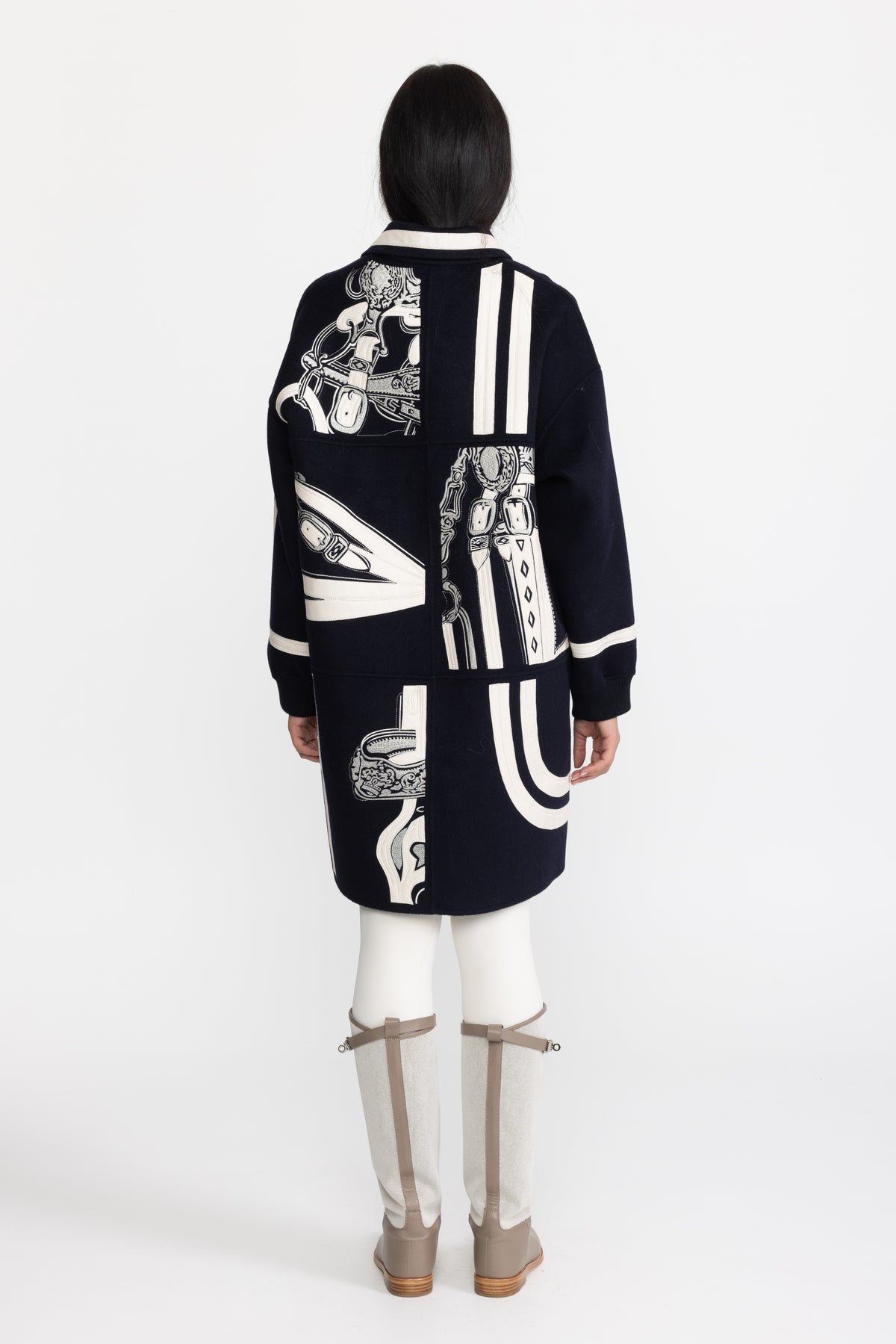 Equestrian Applique Embroidered Wool Zip Coat - Navy