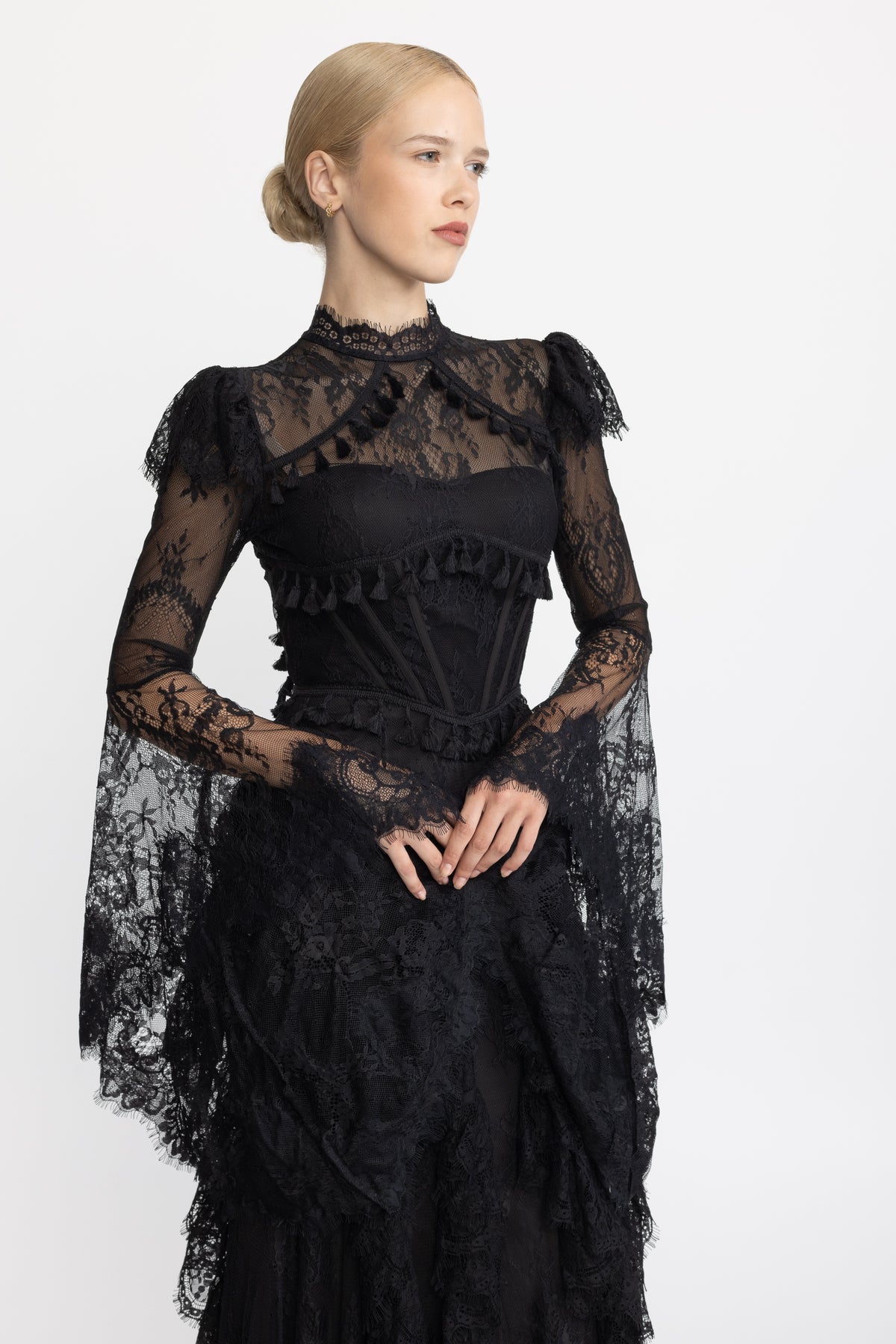 Tassel Trim Lace Corset Bell Sleeve Maxi Dress - Black