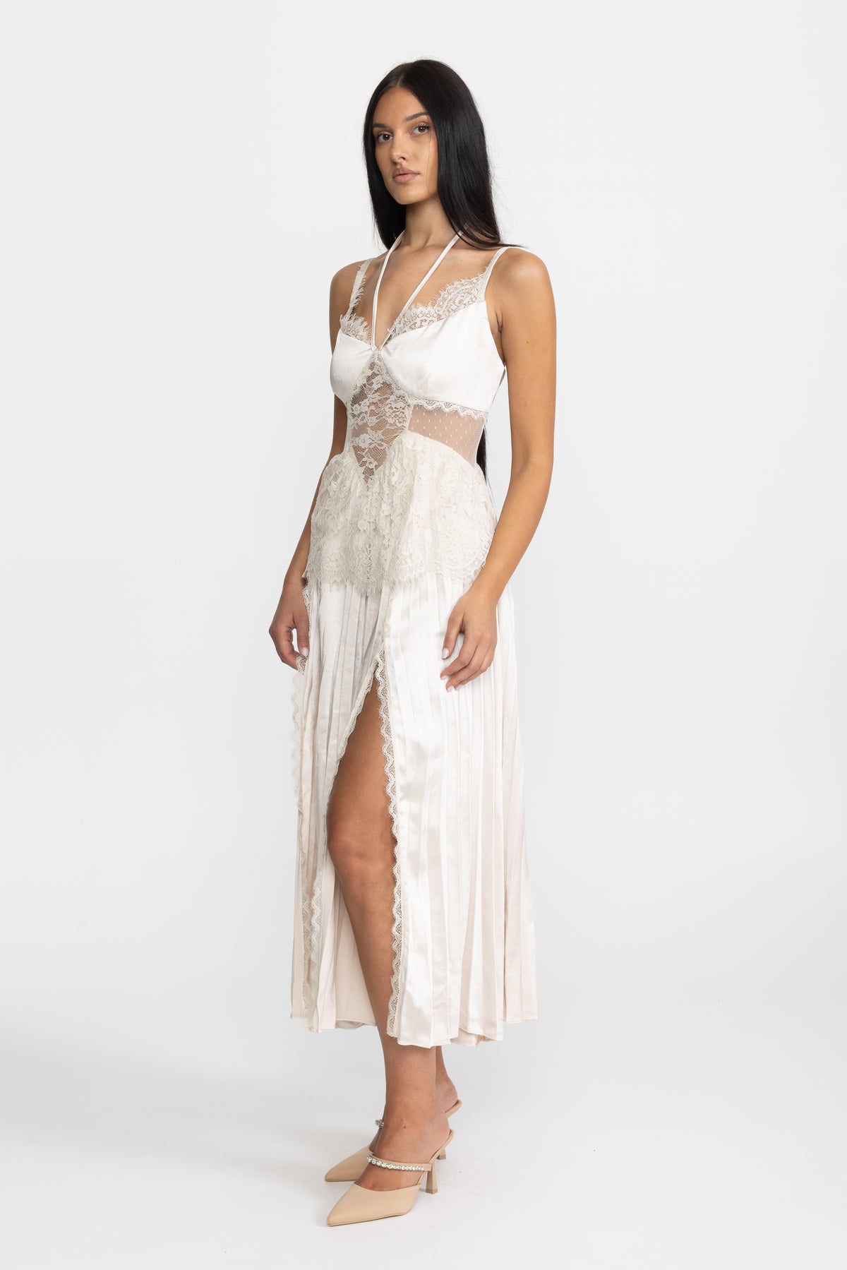 Lace Insert Satin Halter Pleated Midi Dress - Ivoire