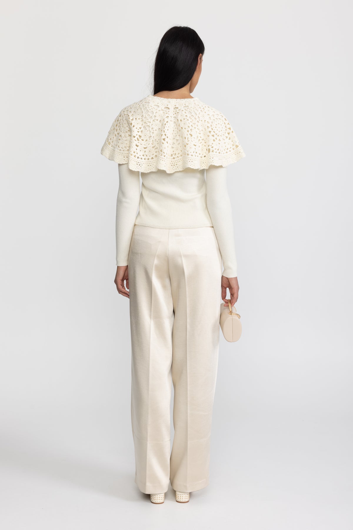 Crochet Capelet Collar Rib Knit Cardigan - Ivoire
