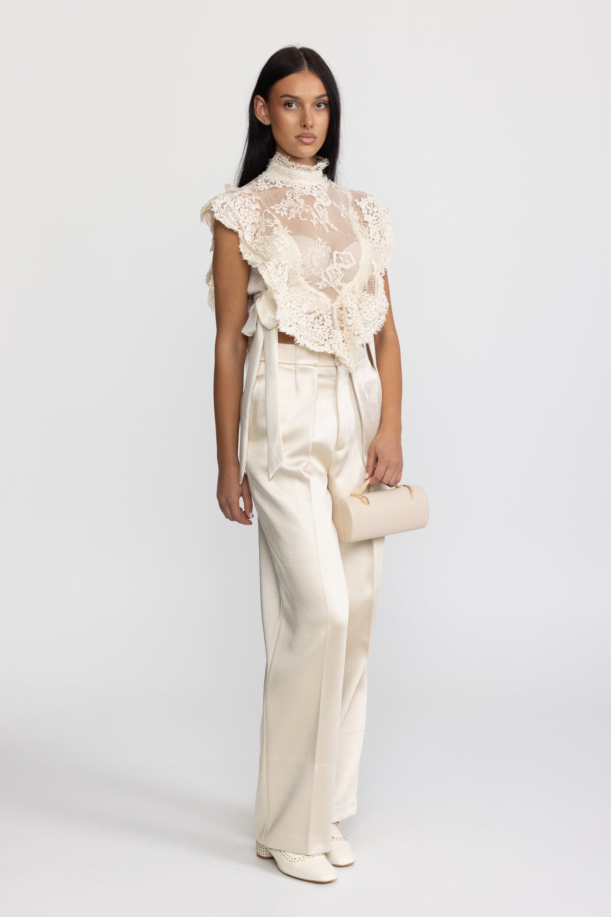 Sheer Lace Ruffle Mock Neck Top - Ivoire