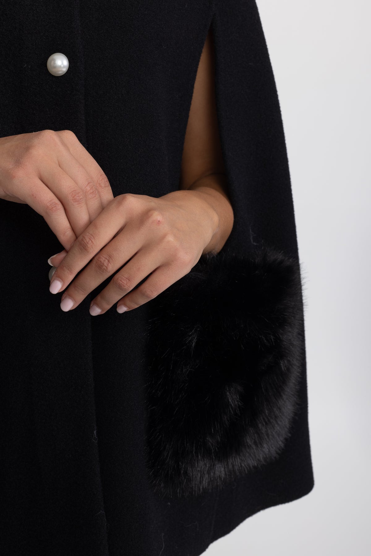 Pearl Embellished Collar Cape with Faux Fur Pockets - Black