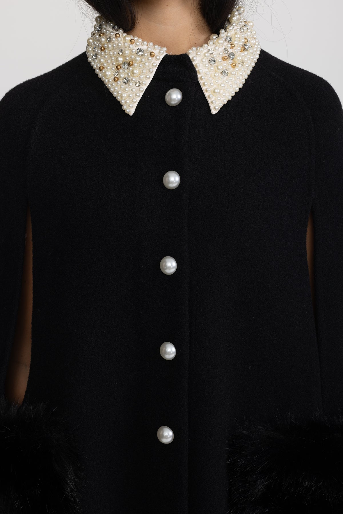Pearl Embellished Collar Cape with Faux Fur Pockets - Black